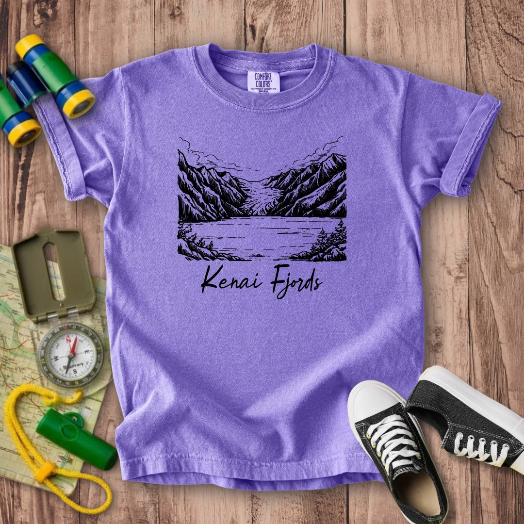 Kenai Fjords Line Drawing Kids Cotton T-Shirt