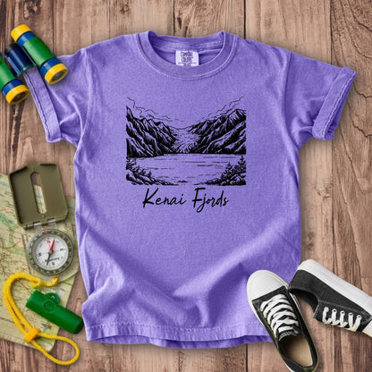 Kenai Fjords Line Drawing Kids Cotton T-Shirt