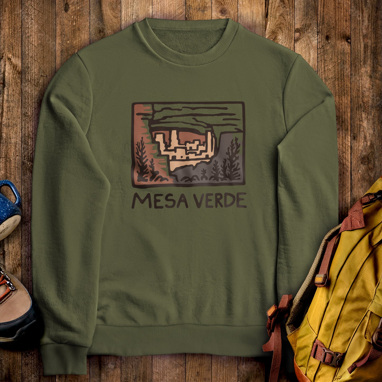 Mesa Verde National Park Crewneck Sweatshirt Military Green Adventure and Outdoors Themed Sweatshirt
