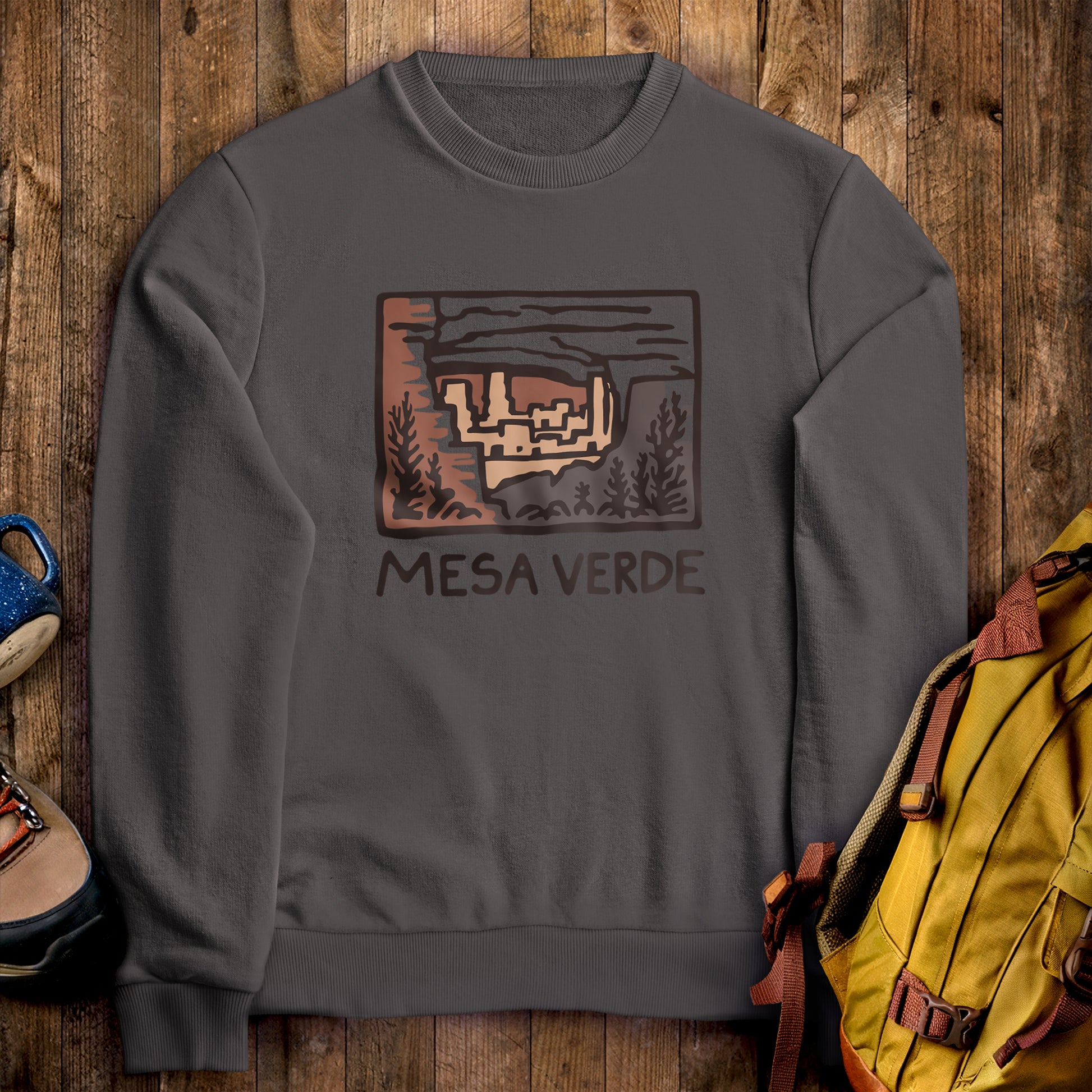 Mesa Verde National Park Crewneck Sweatshirt Charcoal Adventure and Outdoors Themed Sweatshirt
