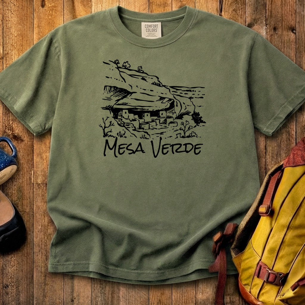 Mesa Verde National Park Line Drawing Cotton T-Shirt