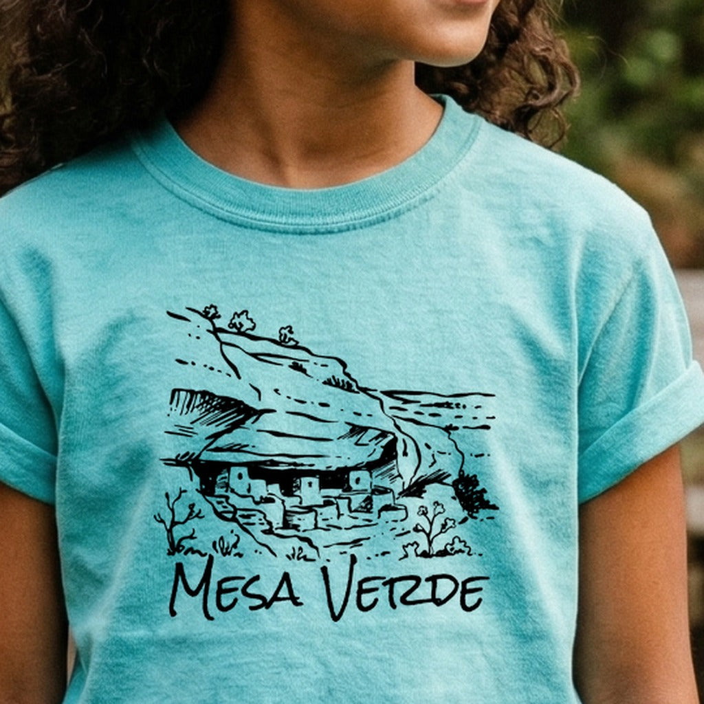 Mesa Verde National Park Line Drawing Kids Cotton T-Shirt