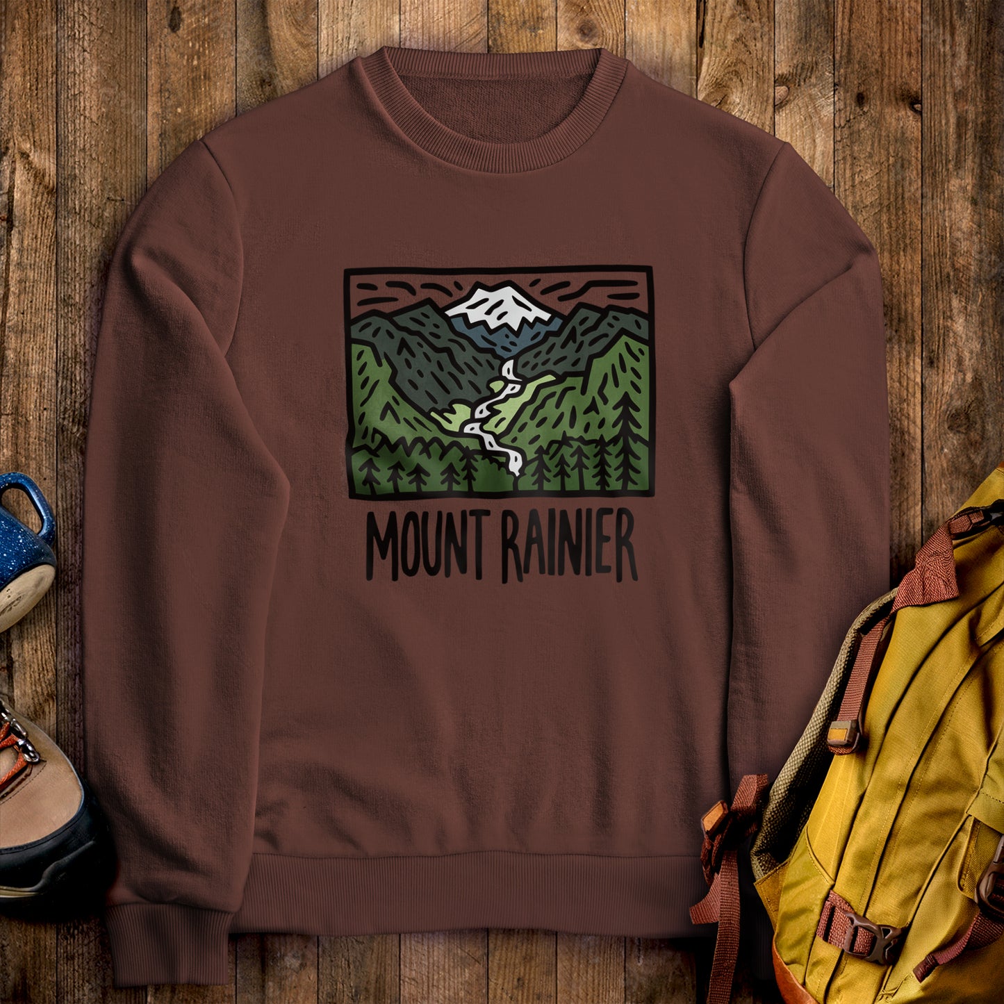 Mount Rainier National Park Crewneck Sweatshirt Cocoa Adventure and Outdoors Themed Sweatshirt