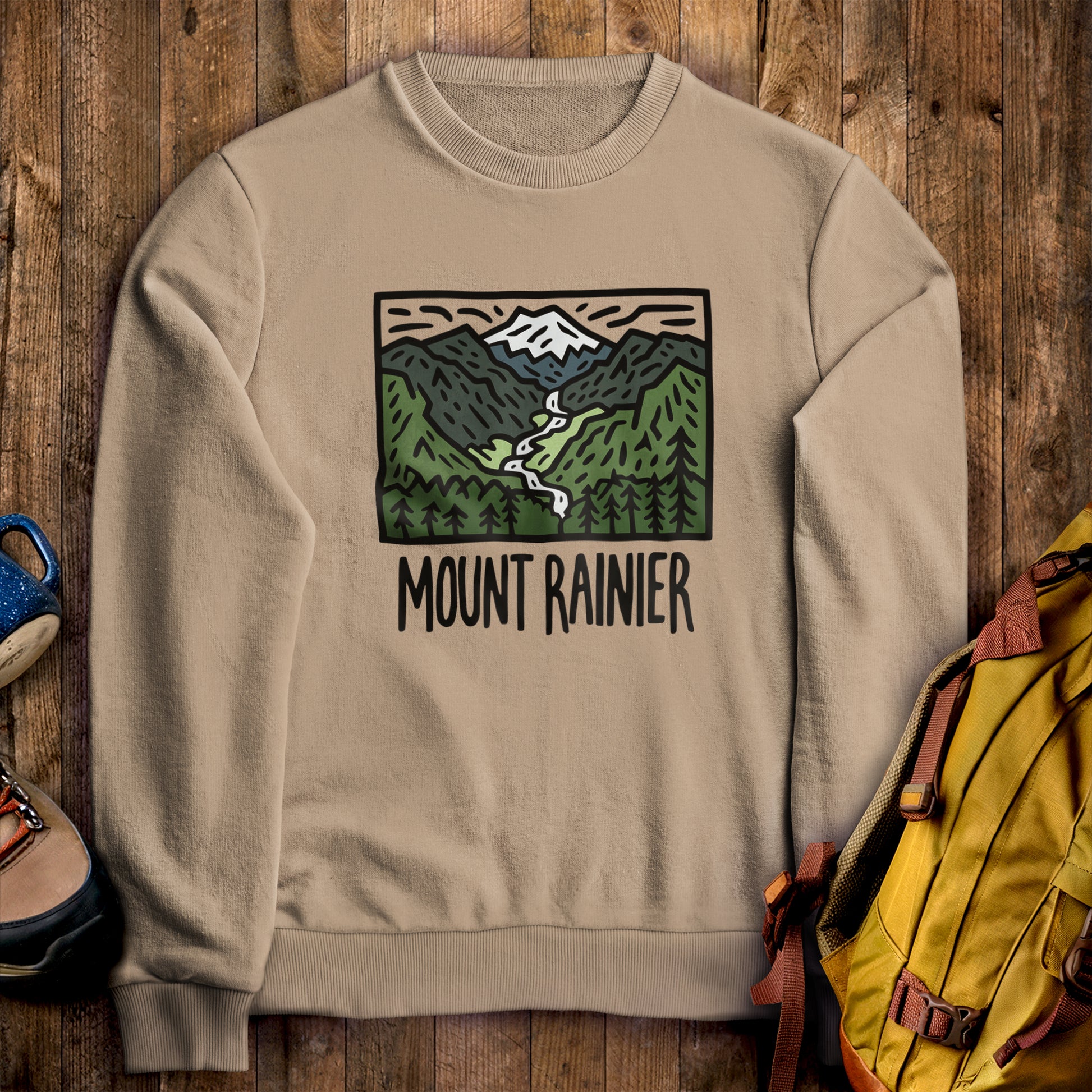Mount Rainier National Park Crewneck Sweatshirt Sand Adventure and Outdoors Themed Sweatshirt