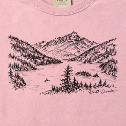 North Cascades Line Drawing Cotton T-Shirt
