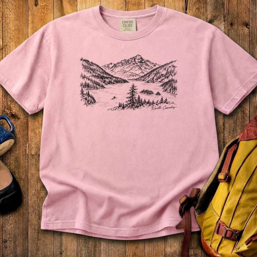 North Cascades Line Drawing Cotton T-Shirt
