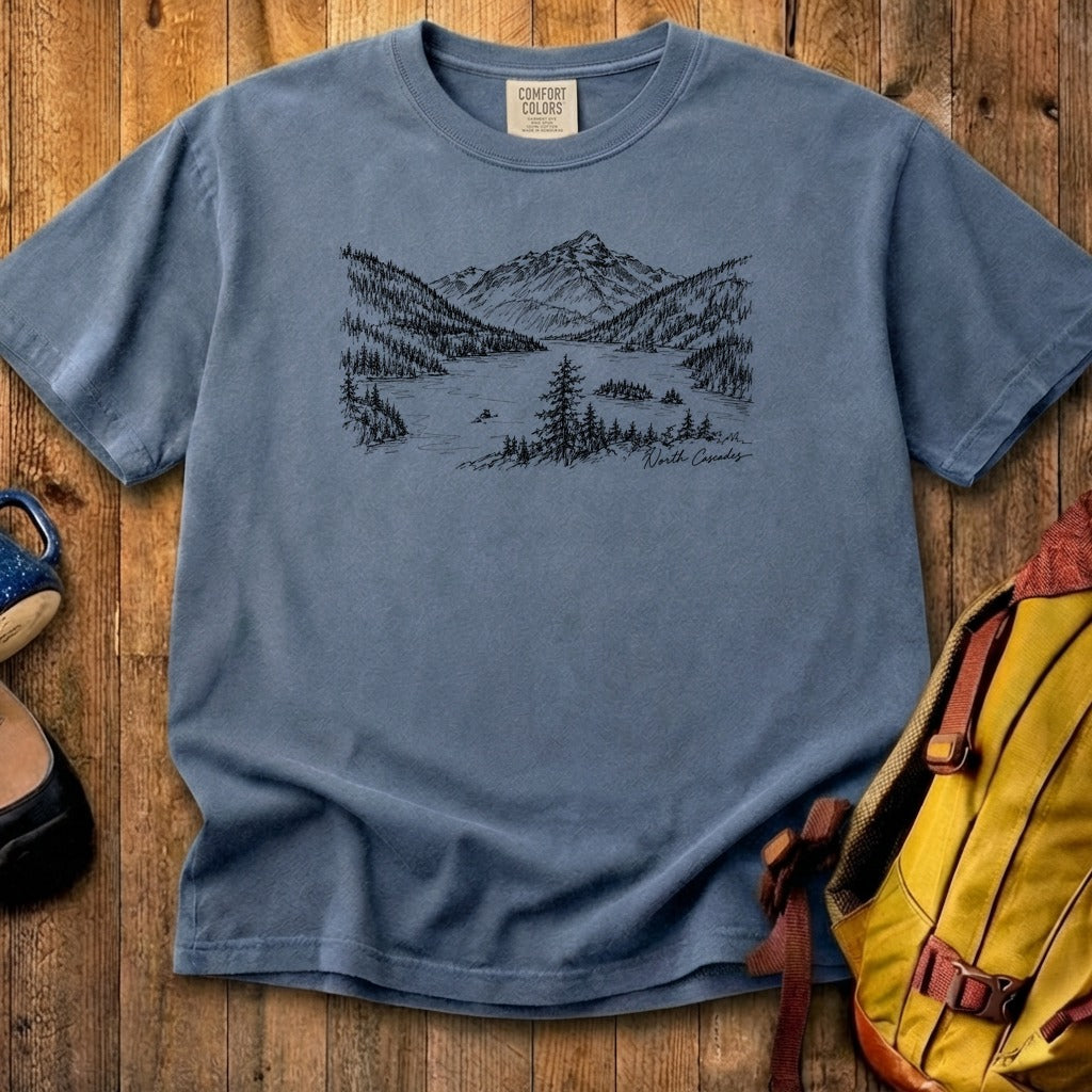 North Cascades Line Drawing Cotton T-Shirt