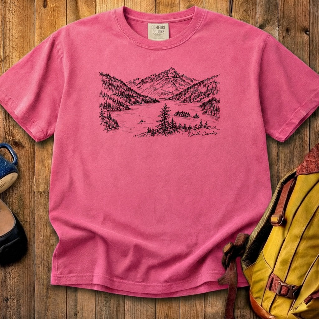 North Cascades Line Drawing Cotton T-Shirt