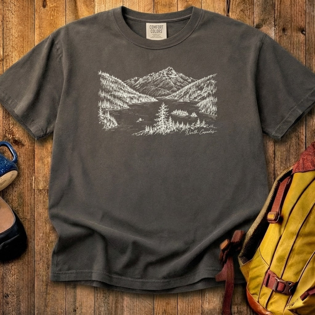 North Cascades Line Drawing Cotton T-Shirt