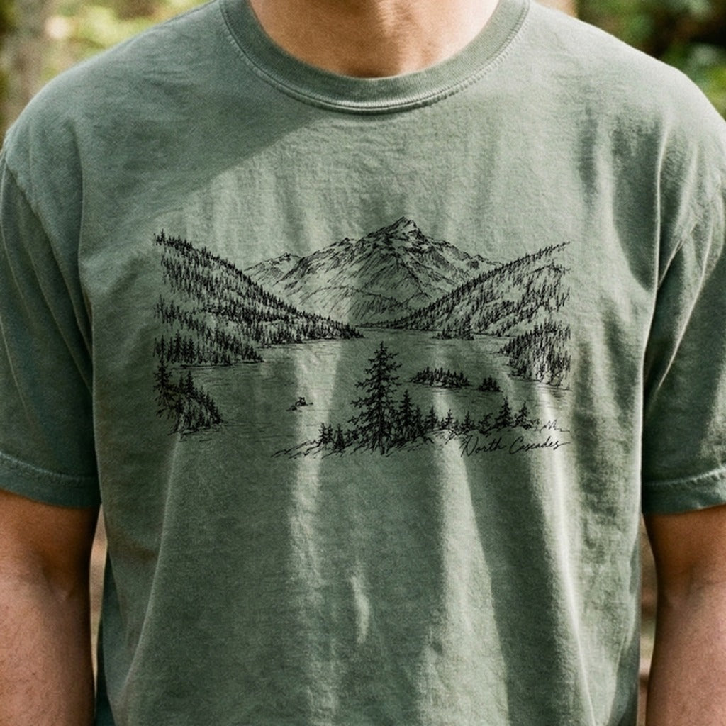North Cascades Line Drawing Cotton T-Shirt
