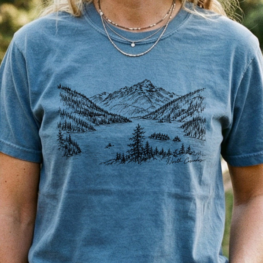 North Cascades Line Drawing Cotton T-Shirt
