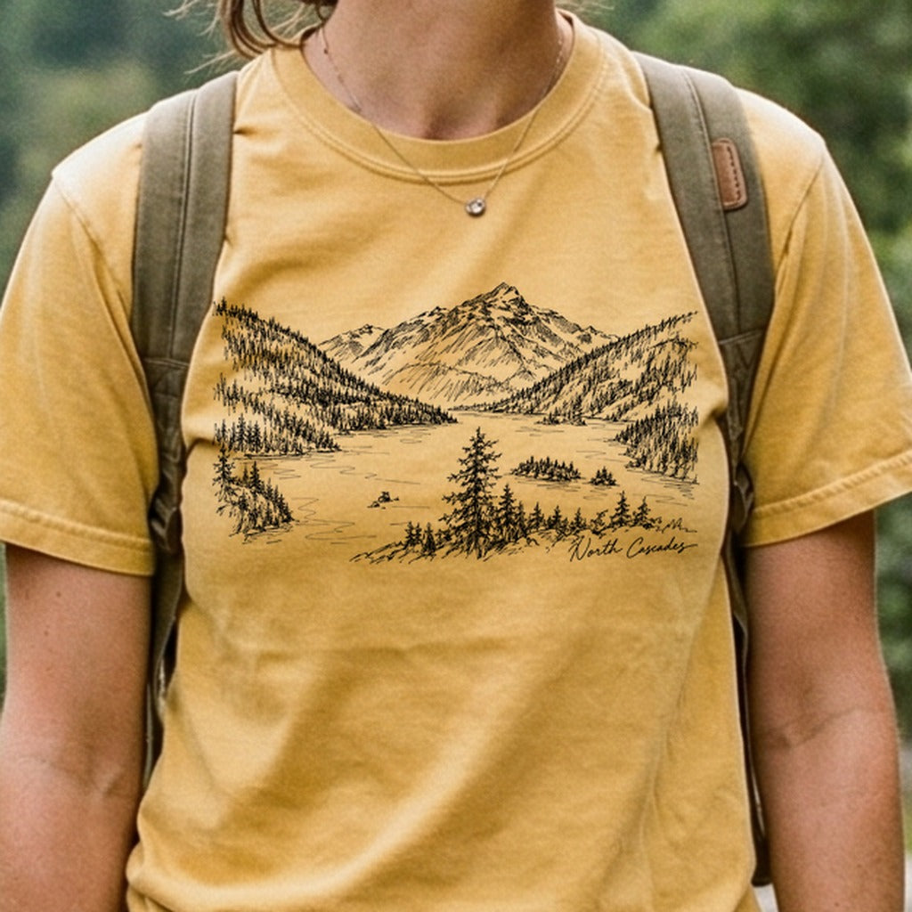 North Cascades Line Drawing Cotton T-Shirt