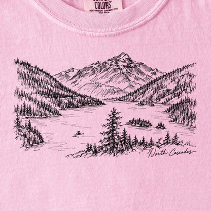 North Cascades Line Drawing Kids Cotton T-Shirt