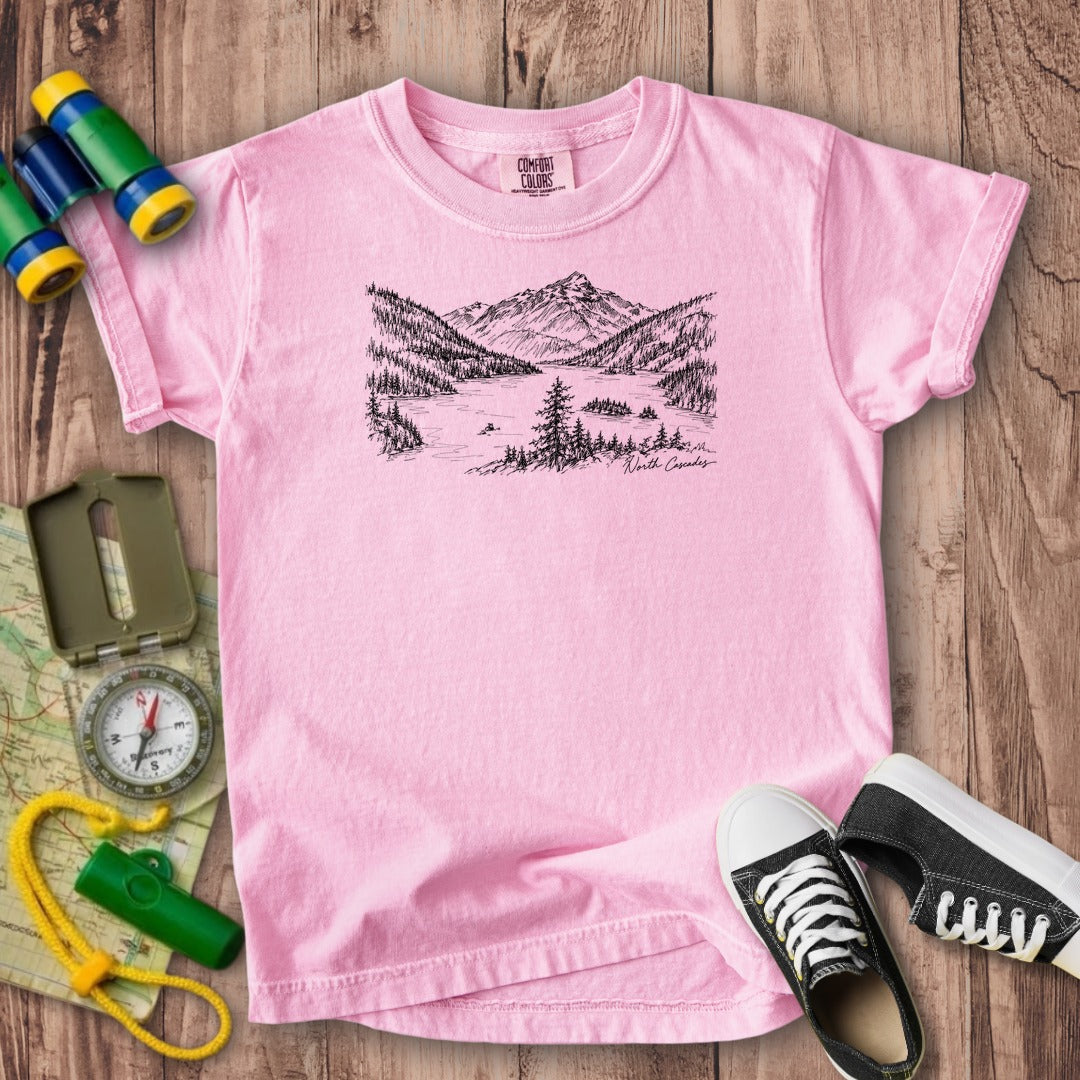 North Cascades Line Drawing Kids Cotton T-Shirt