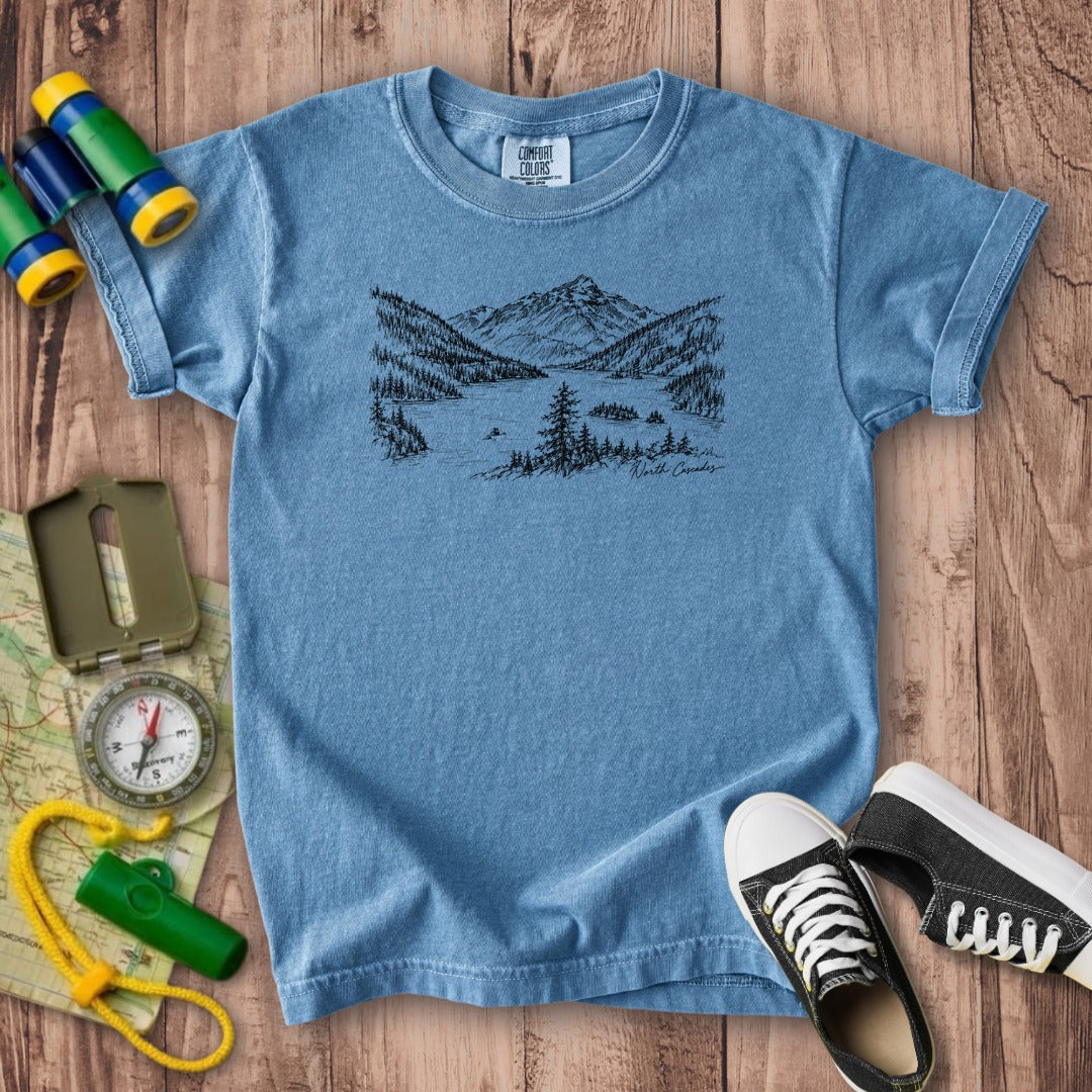 North Cascades Line Drawing Kids Cotton T-Shirt