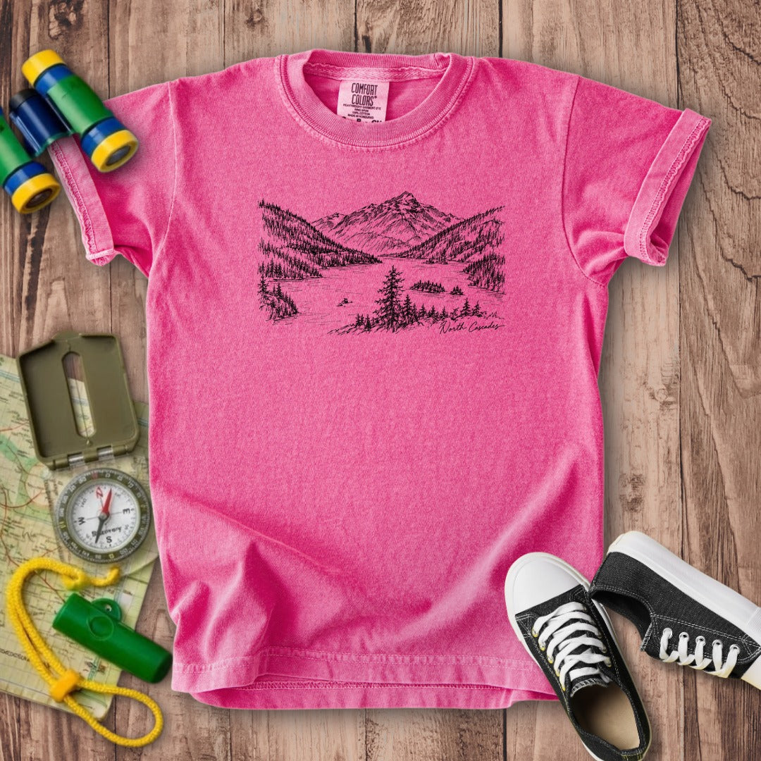 North Cascades Line Drawing Kids Cotton T-Shirt