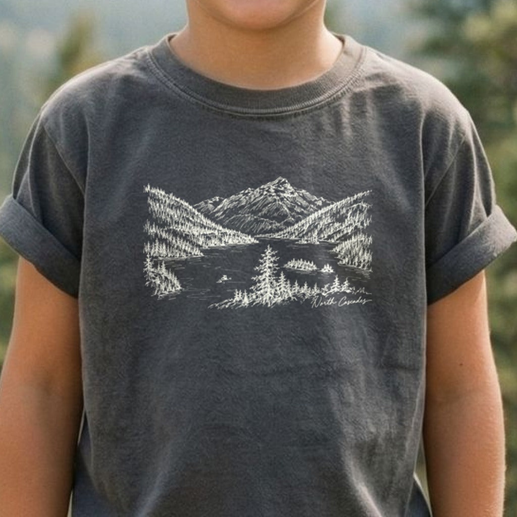 North Cascades Line Drawing Kids Cotton T-Shirt