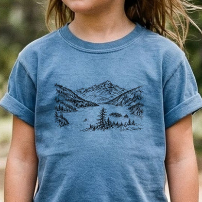 North Cascades Line Drawing Kids Cotton T-Shirt