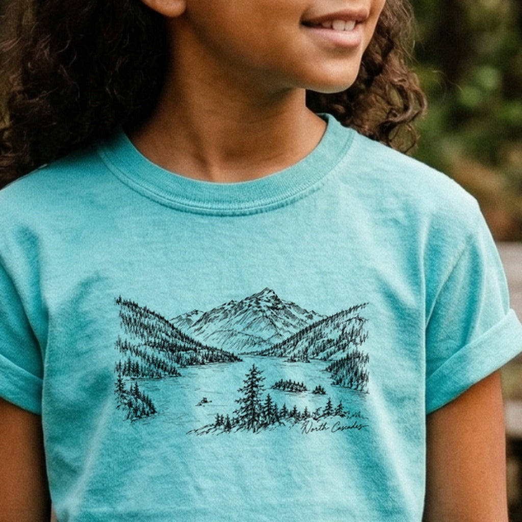 North Cascades Line Drawing Kids Cotton T-Shirt