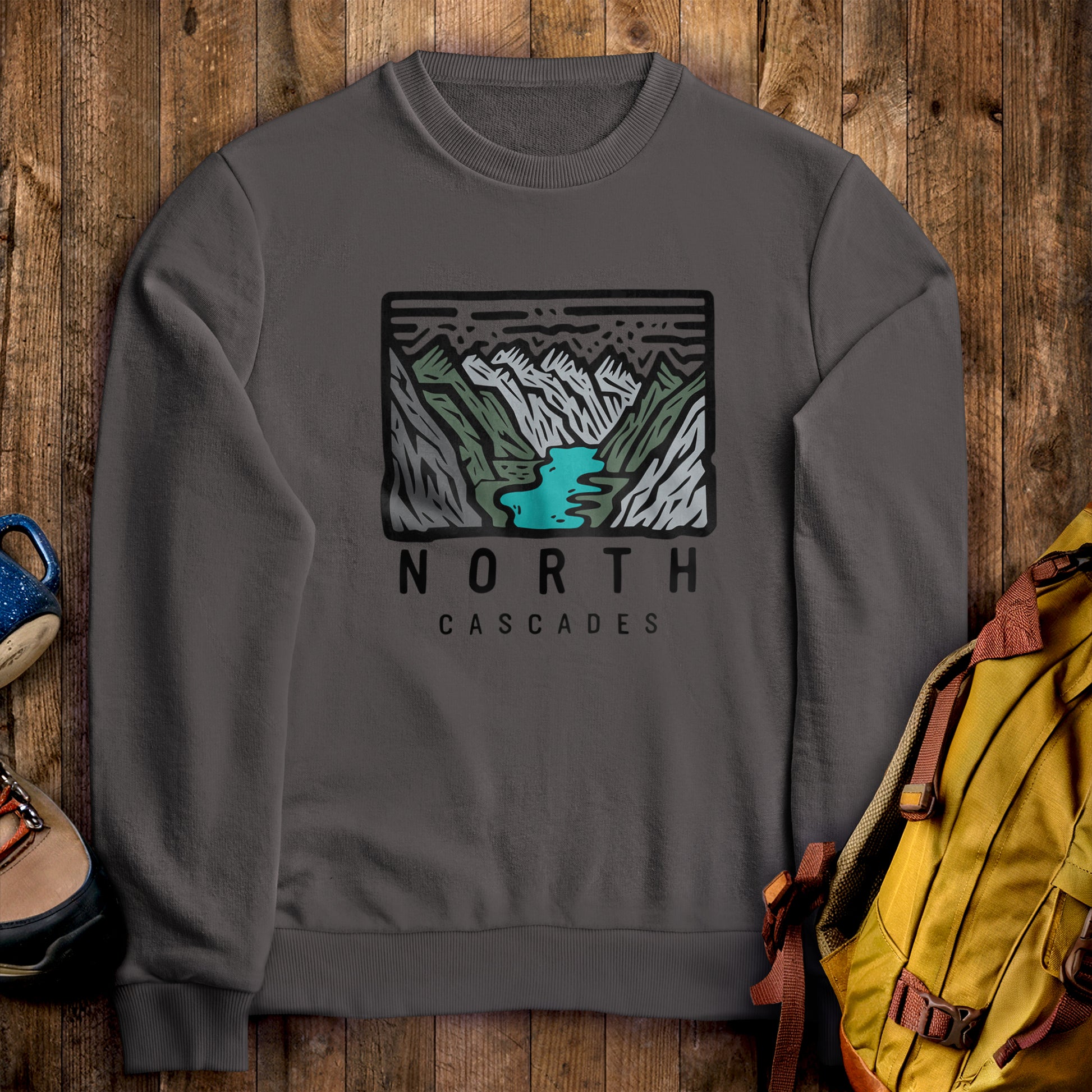 North Cascades National Park Crewneck Sweatshirt Charcoal Adventure and Outdoors Themed Sweatshirt