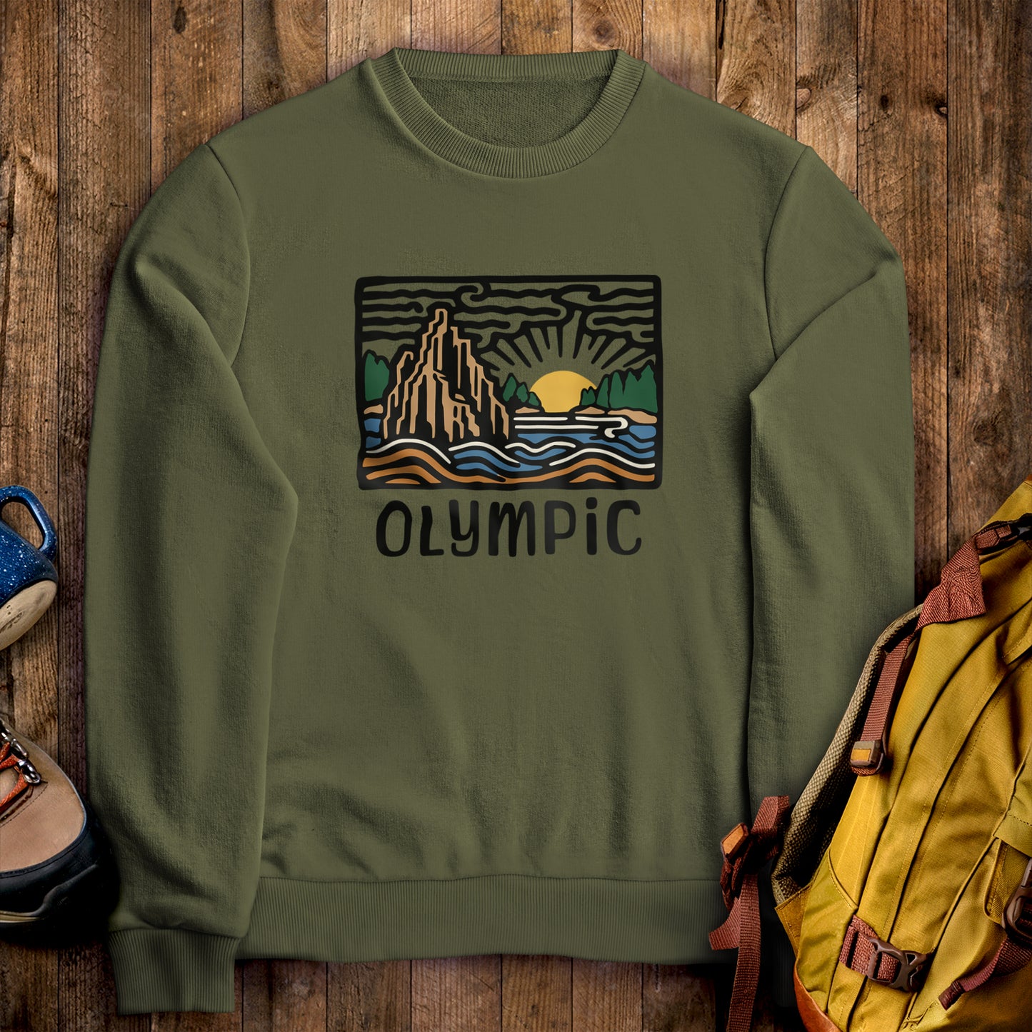 Olympic National Park Crewneck Sweatshirt Military Green Adventure and Outdoors Themed Sweatshirt
