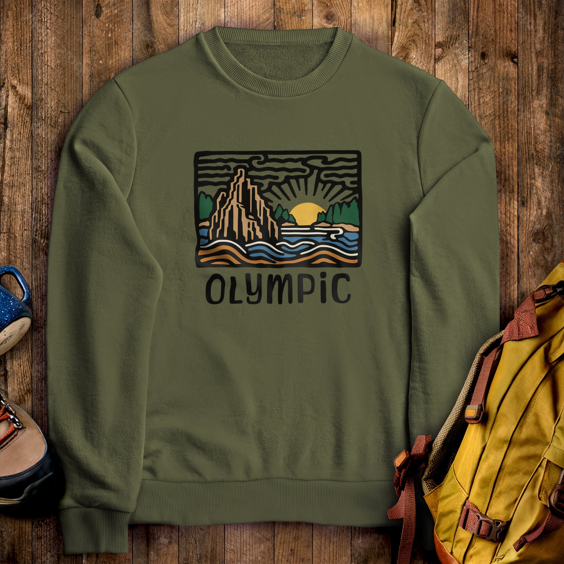 Olympic National Park Crewneck Sweatshirt Military Green Adventure and Outdoors Themed Sweatshirt