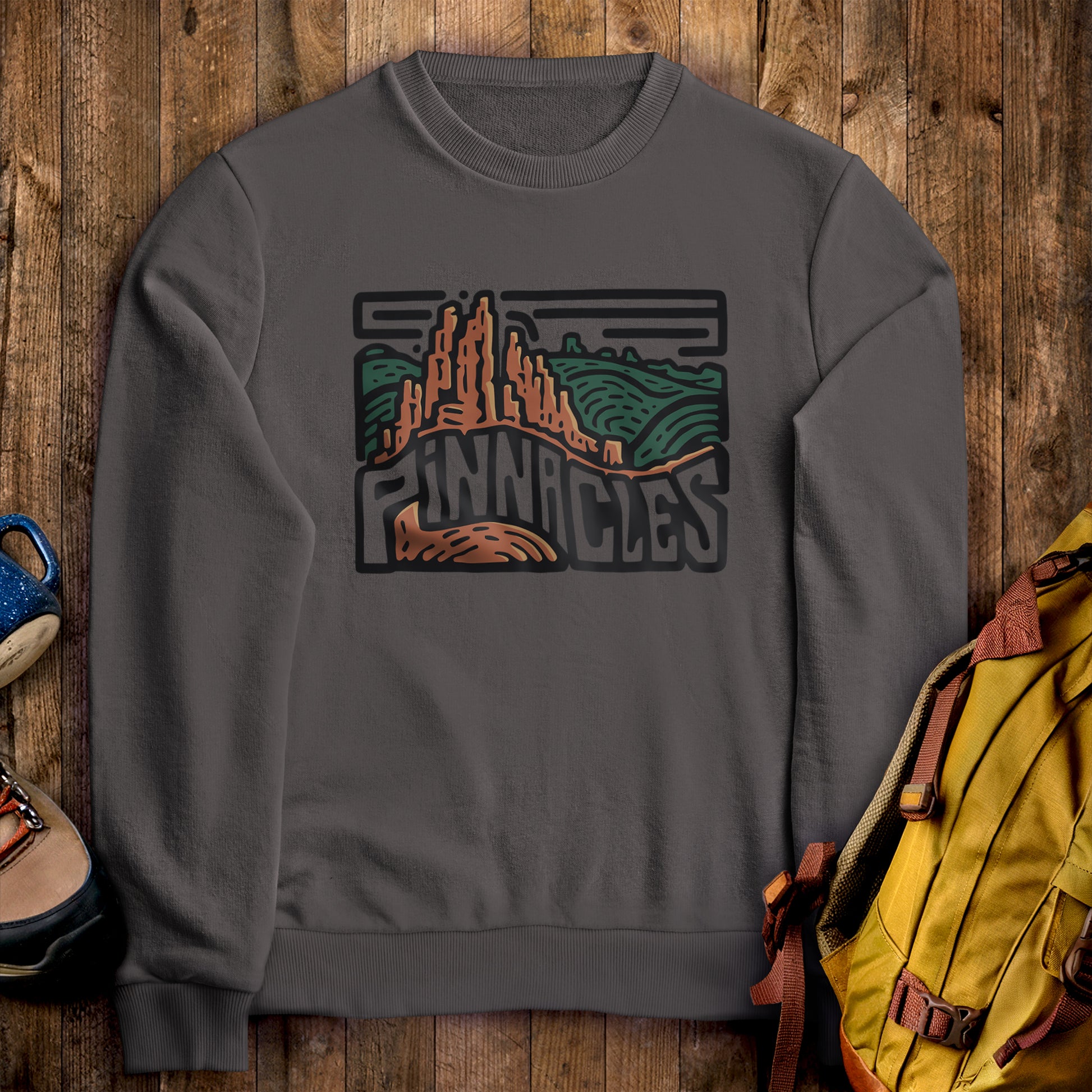 Pinnacles National Park Crewneck Sweatshirt Charcoal Adventure and Outdoors Themed Sweatshirt