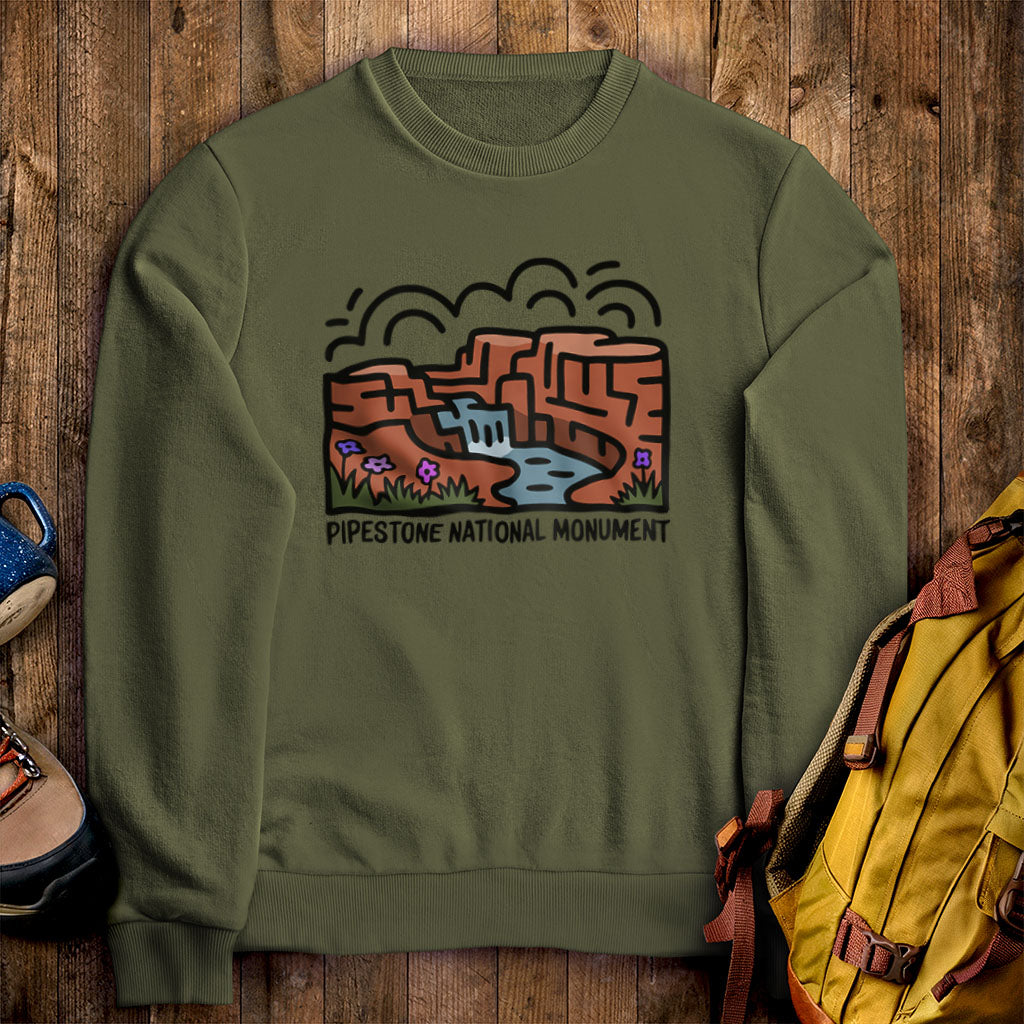 Pipestone National Monument Crewneck Sweatshirt Military Green Adventure and Outdoors Themed Sweatshirt
