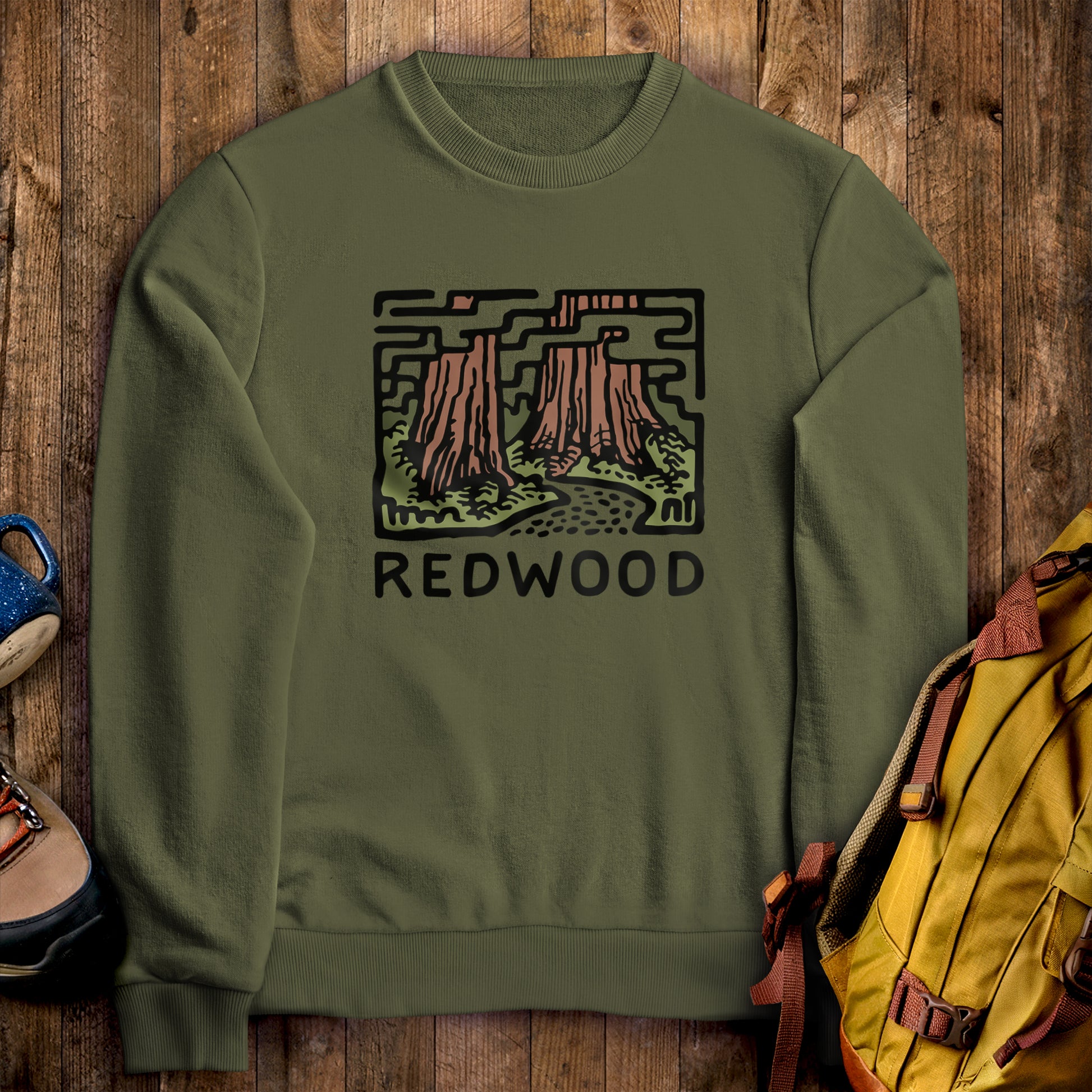 Redwood National Park Crewneck Sweatshirt Military Green Adventure and Outdoors Themed Sweatshirt
