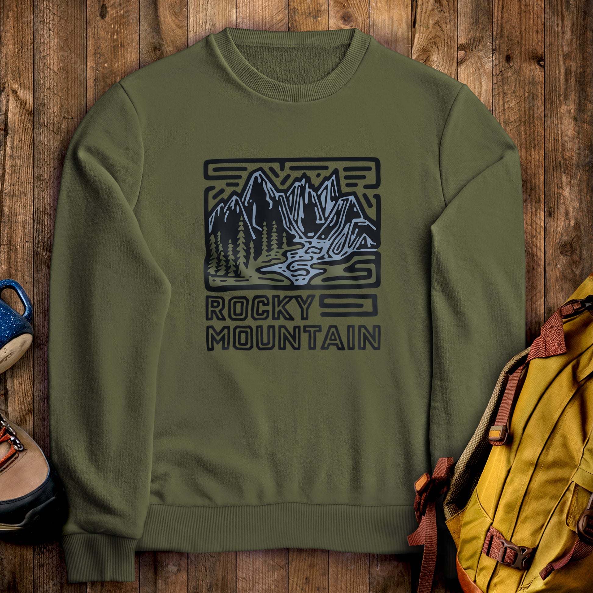 Rocky Mountain National Park Crewneck Sweatshirt Military Green Adventure and Outdoors Themed Sweatshirt