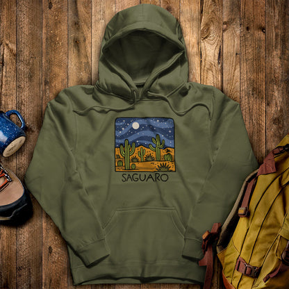 Saguaro at Night Hoodie Military Green Adventure and Outdoors Themed Hoodie