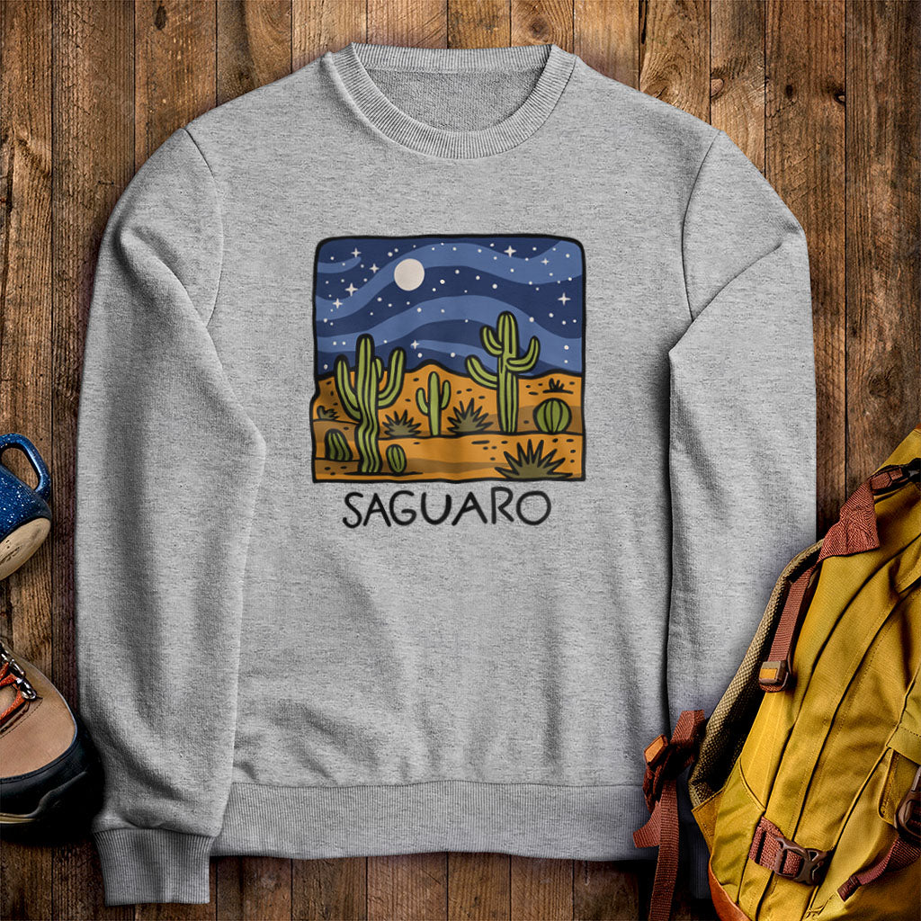 Saguaro at Night Crewneck Sweatshirt Sport Grey Adventure and Outdoors Themed Sweatshirt