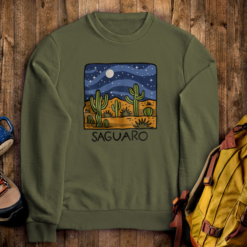 Saguaro at Night Crewneck Sweatshirt Military Green Adventure and Outdoors Themed Sweatshirt