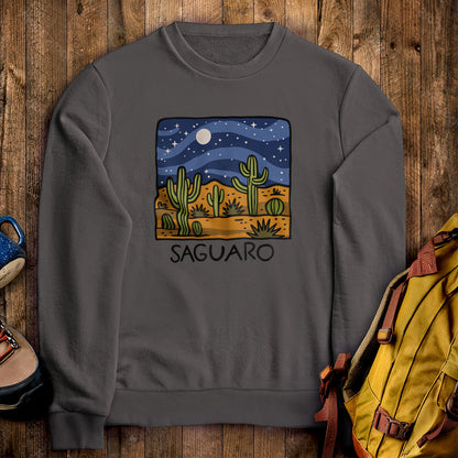 Saguaro at Night Crewneck Sweatshirt Charcoal Adventure and Outdoors Themed Sweatshirt