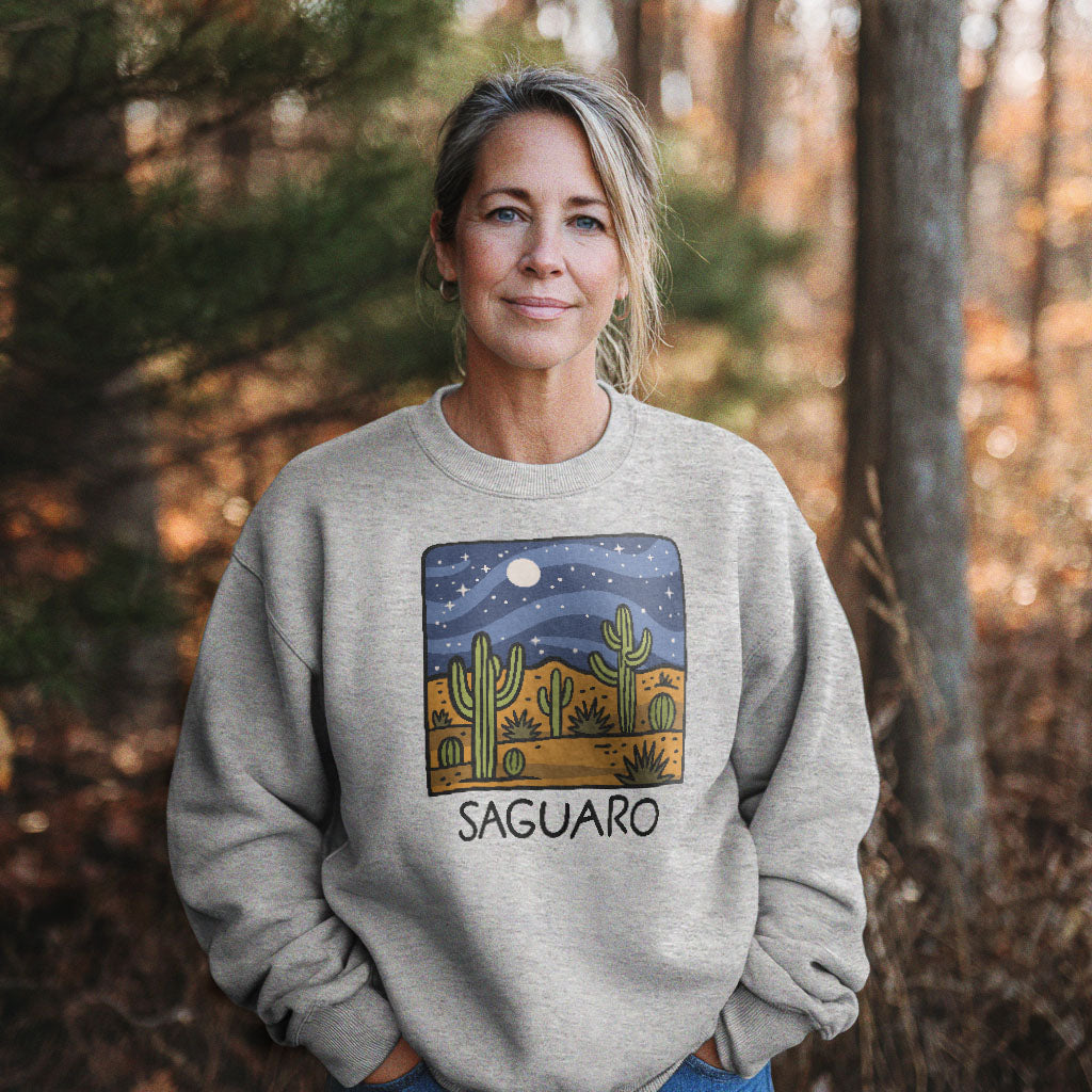 Saguaro at Night Crewneck Sweatshirt Adventure and Outdoors Themed Sweatshirt