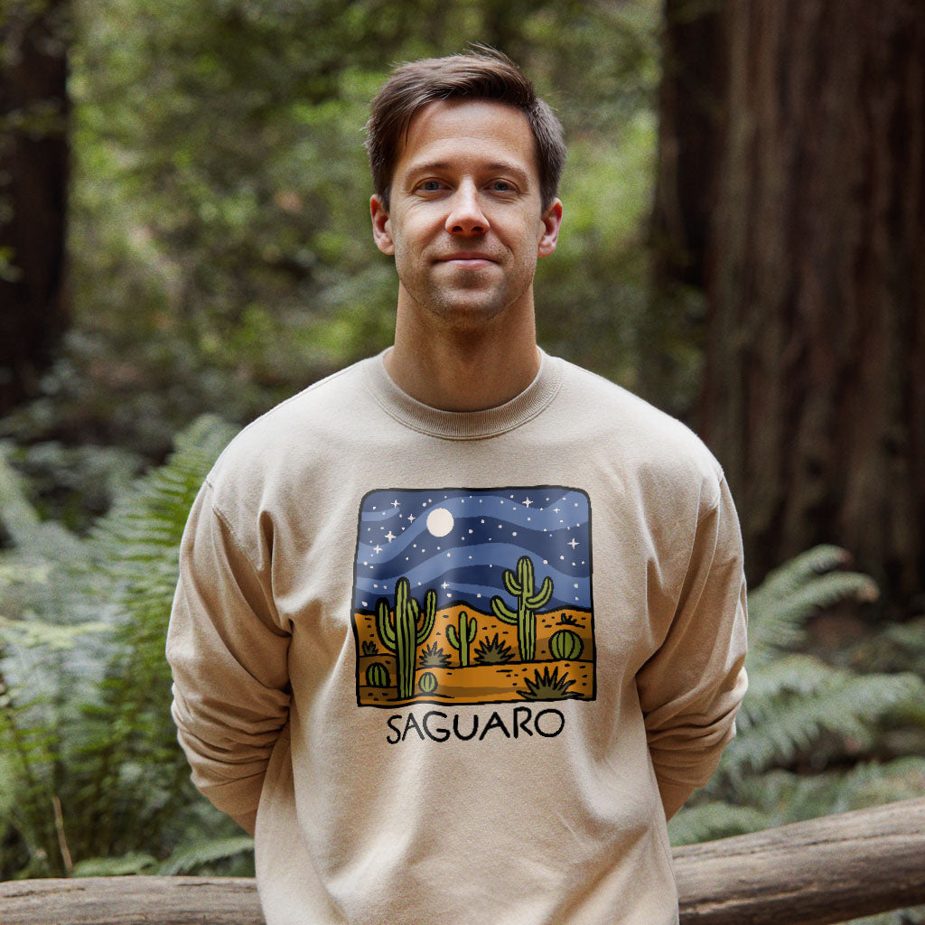 Saguaro at Night Crewneck Sweatshirt Adventure and Outdoors Themed Sweatshirt