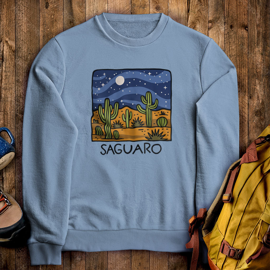 Saguaro at Night Crewneck Sweatshirt Stone Blue Adventure and Outdoors Themed Sweatshirt