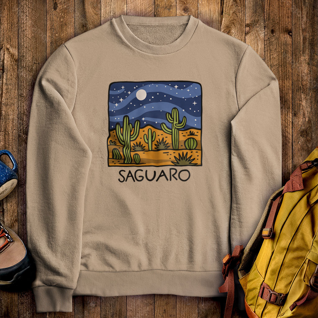 Saguaro at Night Crewneck Sweatshirt Sand Adventure and Outdoors Themed Sweatshirt