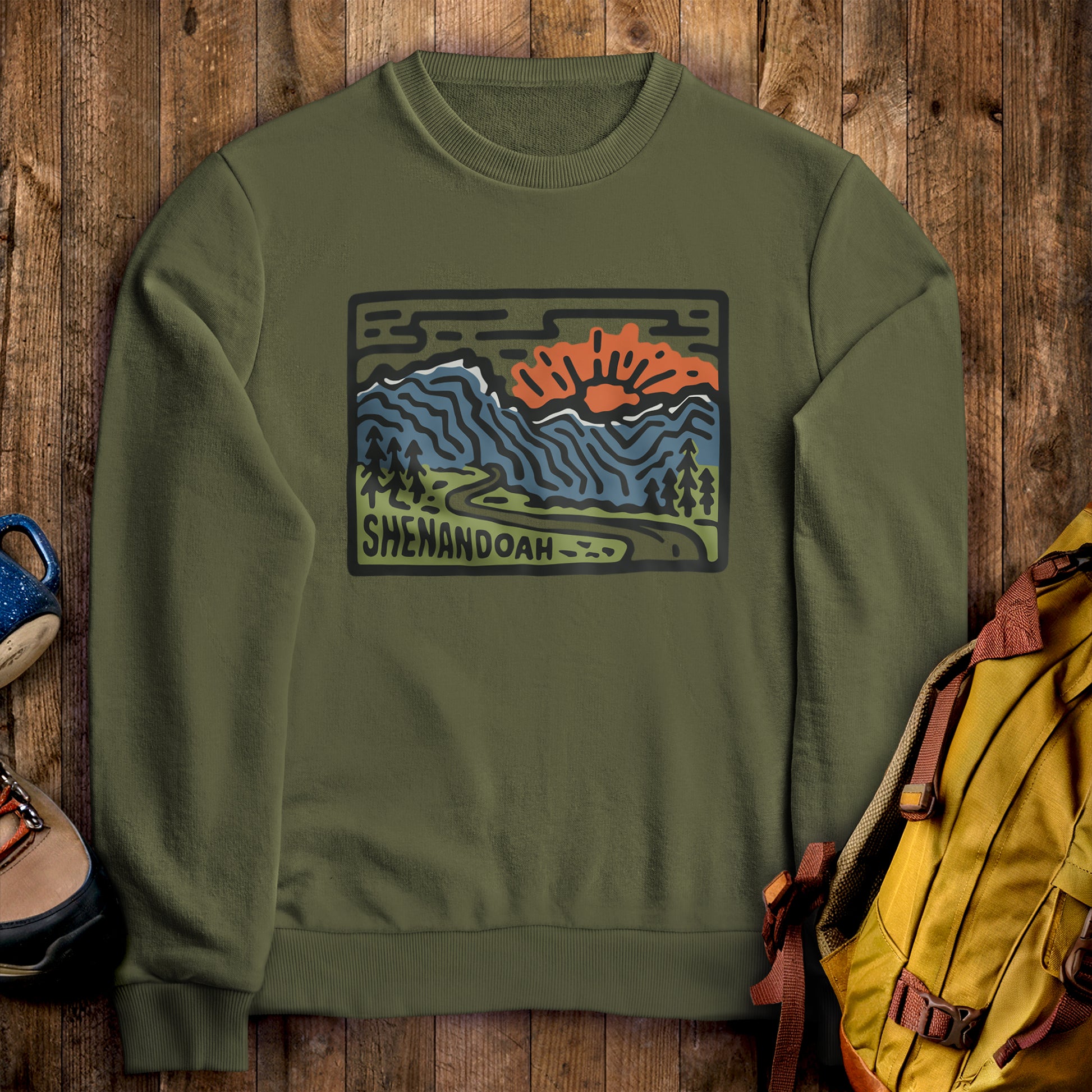 Shenandoah National Park Crewneck Sweatshirt Military Green Adventure and Outdoors Themed Sweatshirt