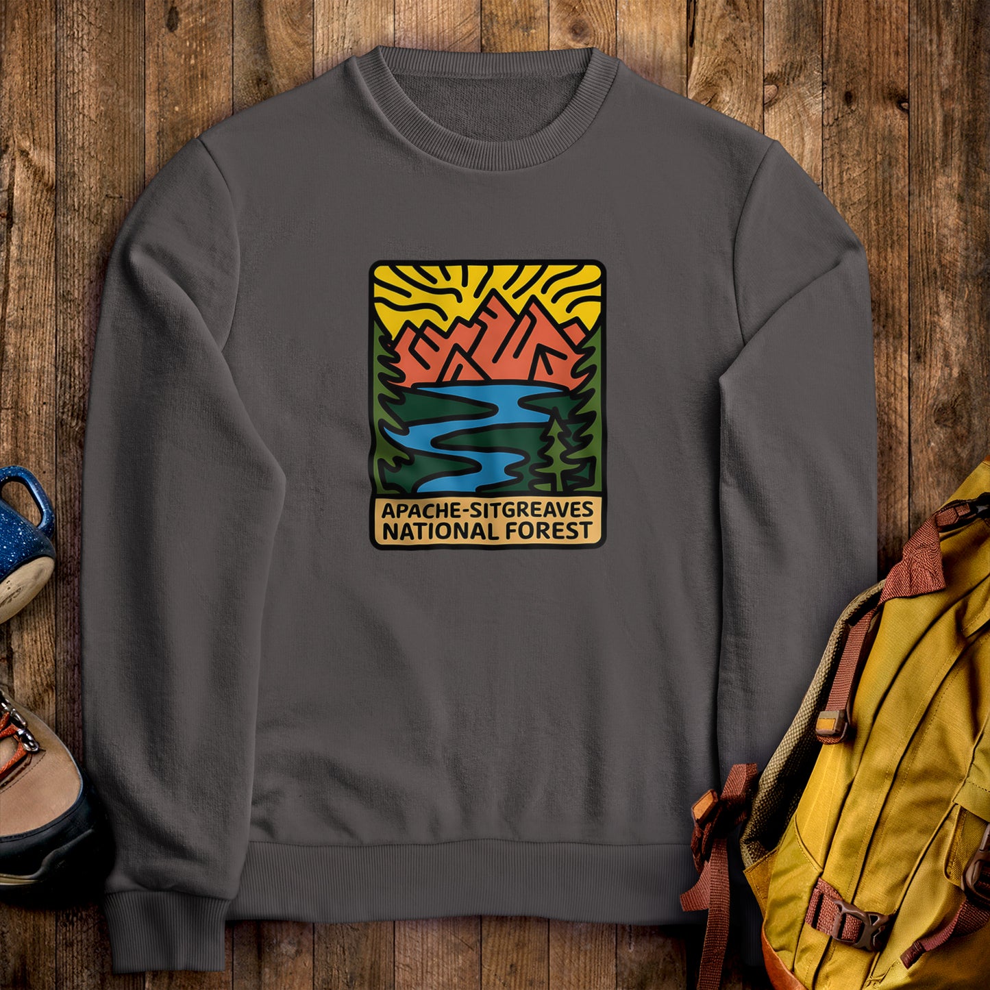 Apache-Sitgreaves National Forest Crewneck Sweatshirt Charcoal Adventure and Outdoors Themed Sweatshirt