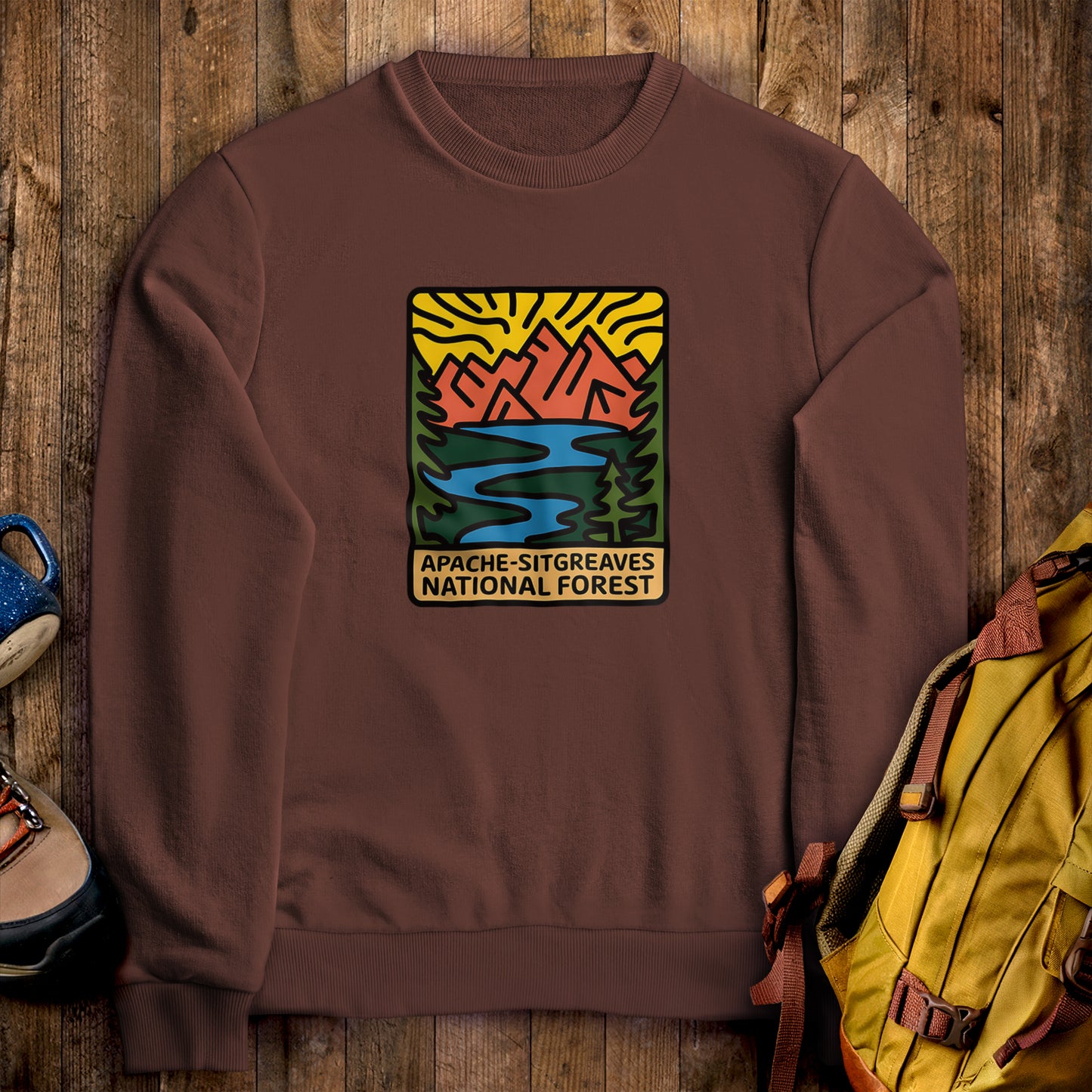 Apache-Sitgreaves National Forest Crewneck Sweatshirt Cocoa Adventure and Outdoors Themed Sweatshirt