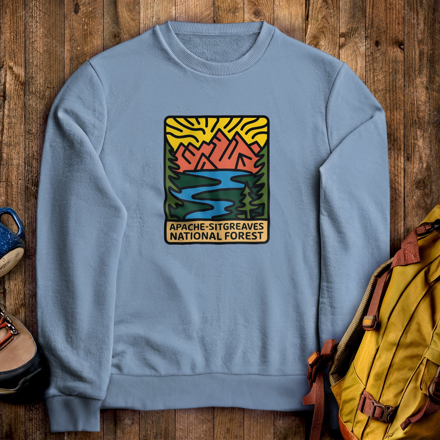 Apache-Sitgreaves National Forest Crewneck Sweatshirt Stone Blue Adventure and Outdoors Themed Sweatshirt