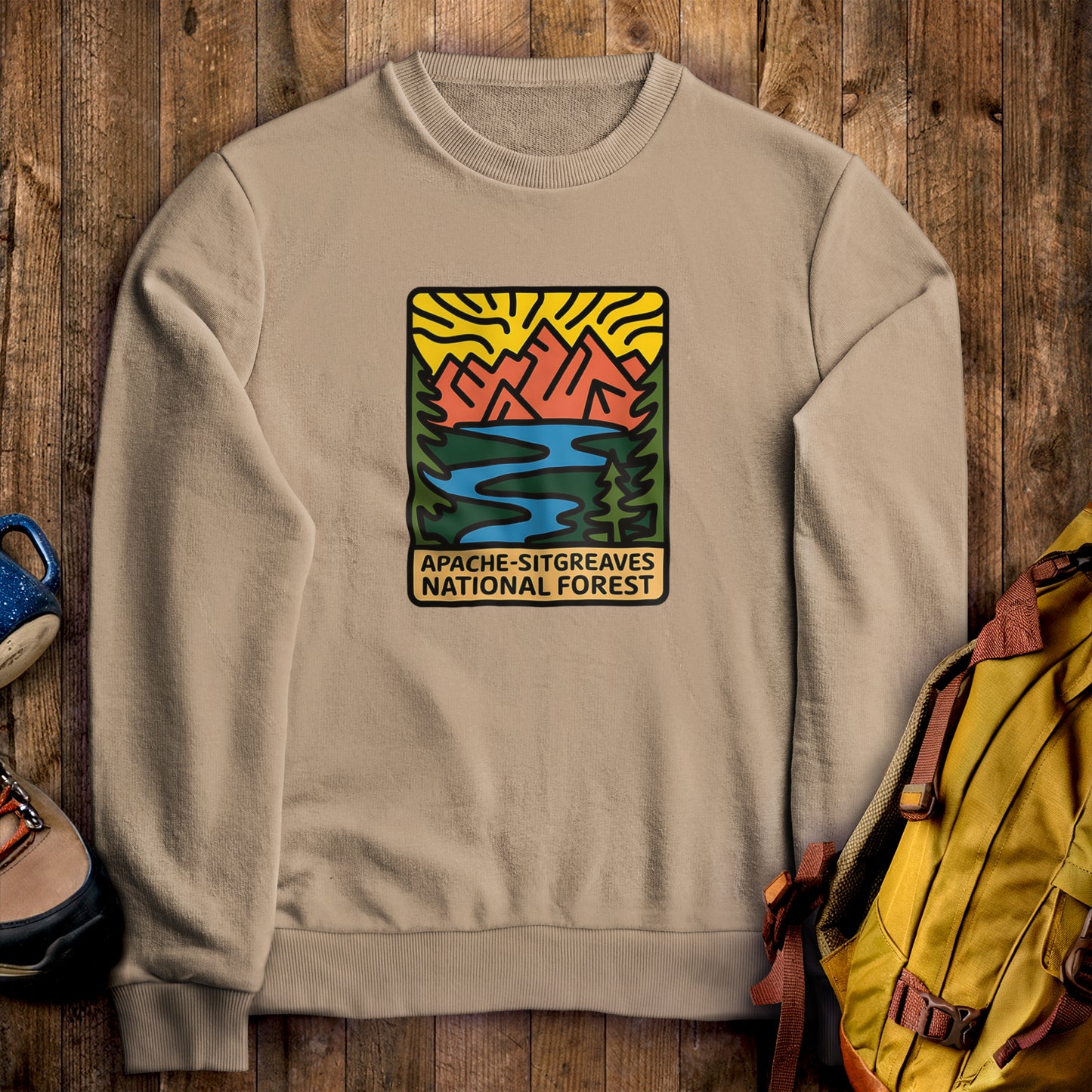 Apache-Sitgreaves National Forest Crewneck Sweatshirt Sand Adventure and Outdoors Themed Sweatshirt