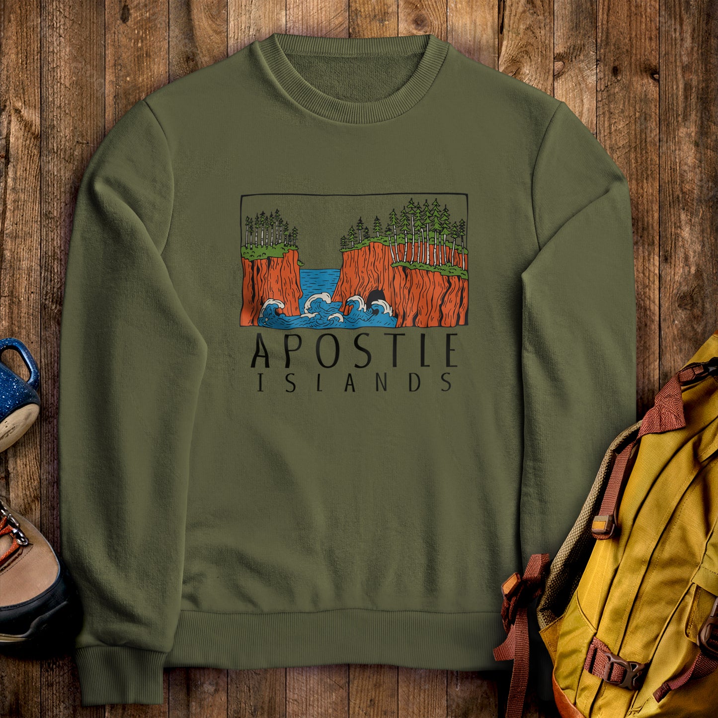 Apostle Islands National Lakeshore Crewneck Sweatshirt Military Green Adventure and Outdoors Themed Sweatshirt