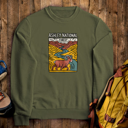 Ashley National Forest Crewneck Sweatshirt Military Green Adventure and Outdoors Themed Sweatshirt