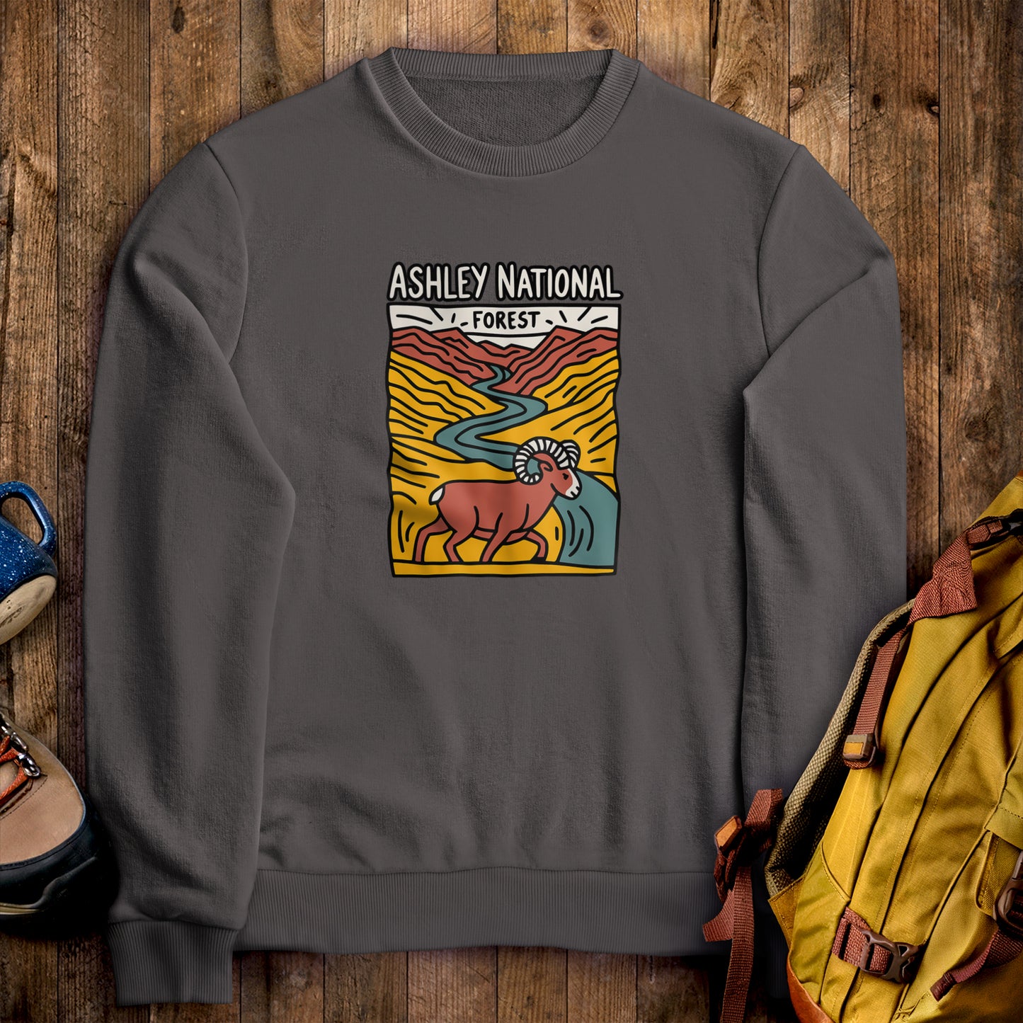 Ashley National Forest Crewneck Sweatshirt Charcoal Adventure and Outdoors Themed Sweatshirt