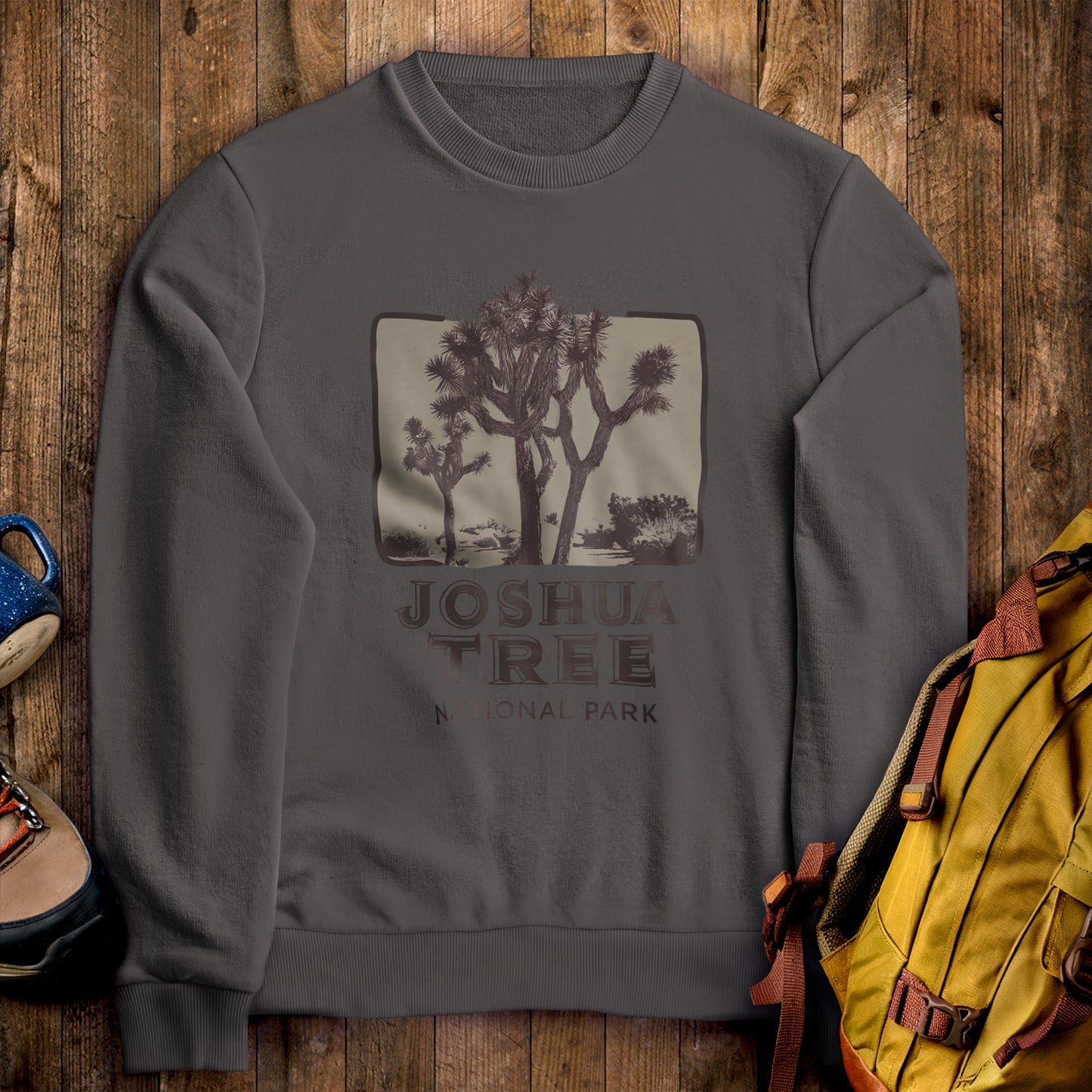 Joshua Tree National Park Vintage Crewneck Sweatshirt Charcoal Adventure and Outdoors Themed Sweatshirt