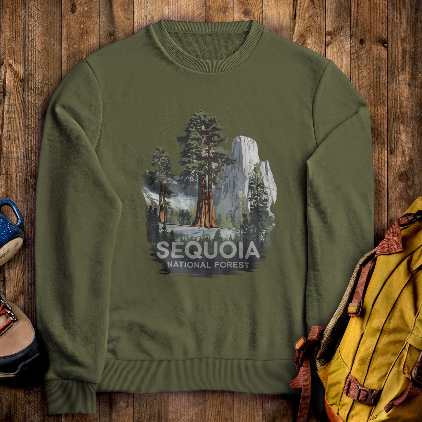 Sequoia National Forest Crewneck Sweatshirt Military Green Adventure and Outdoors Themed Sweatshirt