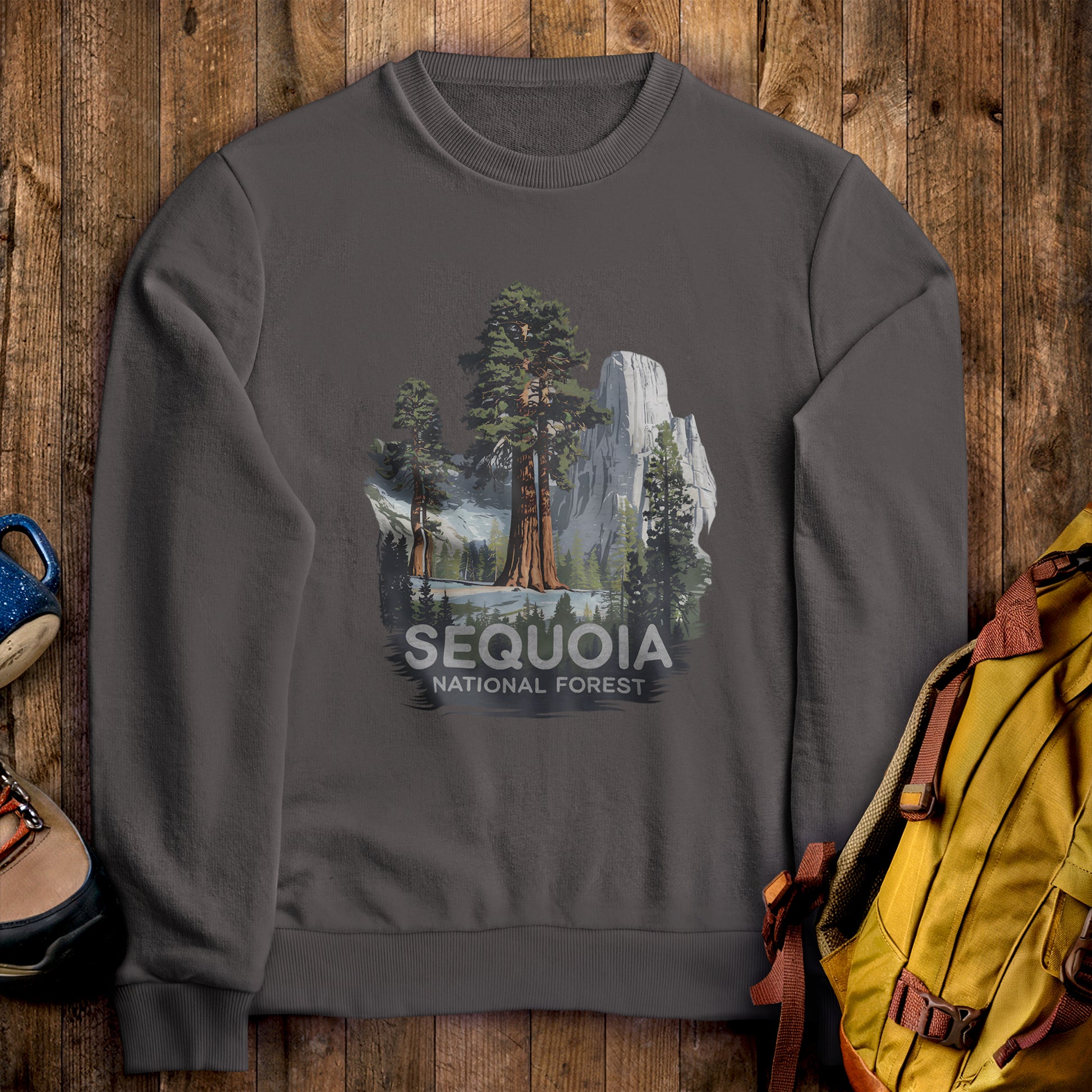 Sequoia National Forest Crewneck Sweatshirt Charcoal Adventure and Outdoors Themed Sweatshirt