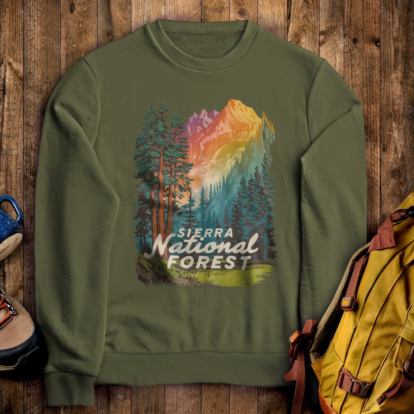 Sierra National Forest Crewneck Sweatshirt Military Green Adventure and Outdoors Themed Sweatshirt